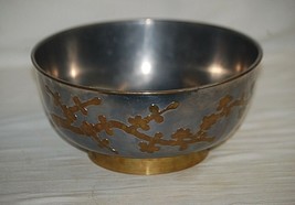 Old Vintage Pewter Footed Bowl w Applied Brass Art Designs Table Centerp... - £59.48 GBP