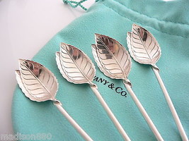 Tiffany &amp; Co Leaf Mint Julep Iced Tea Spoons Straw Rare Set Of 4 Silver Gift Art - £555.91 GBP