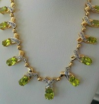 Oval Cut 14 CT Peridot Simulated Diamond 925 Silver Gold Plated Necklace - £258.13 GBP