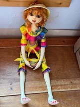 Nicely Made Long &amp; Thin Fabric Stuffed Curly Red Haired Beach Girl Folk Art Doll - £15.57 GBP