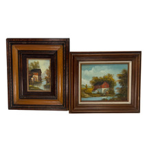 Vtg Lot of 2 Signed Original Oil Painting Pair Country Red Watermill Hom... - $58.02