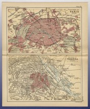 1888 Original Antique City Map Of Paris France / Vienna Wien Austria - £22.00 GBP