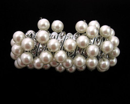 Faux Pearl Bead Expansion Bracelet Vintage Wide Stretch Silvertone Japan - £13.30 GBP