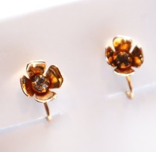 Antique Art Deco 10k Gold Filled Flower Earrings Paste Stone Rhinestones Clip On - £22.50 GBP