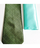 New KaiLong Mens Hand Made Silk NeckTie Green/Turquoise Solid silk handk... - £25.21 GBP