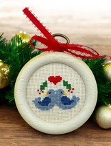 Vintage Cross Stitch Bluebirds Christmas Tree Ornament Heart &amp; Holly Accents - $11.89