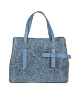 Laura Di Maggio Italian Made Slate Blue Floral Print Leather Medium Tote - $4,848.33 MXN