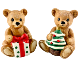 Homco 5505 Christmas Bear Figurines Ceramic Holding Tree and Gift - £14.35 GBP