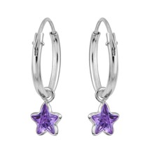 Sparkling Dancing Mini Star Purple Cubic Zirconia Sterling Silver Hoop Earrings - £7.90 GBP