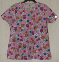 Excellent Womens Code Happy Pink W/ Owls &amp; Floral Print Scrubs Top Size L - £18.25 GBP