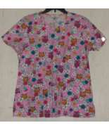 EXCELLENT WOMENS code happy PINK W/ OWLS &amp; FLORAL PRINT SCRUBS TOP   SIZE L - $31.79 CAD