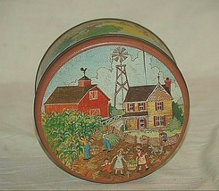 Vintage Metal Tin Can w Country Farm Scene Storage Container - $14.84