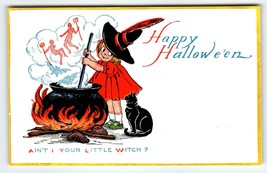 Halloween Postcard Little Girl Witch Cauldron Devils Pitchforks Black Cat Gibson - £75.93 GBP