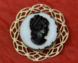 Classic Cameo Pin Brooch Gold Tone White &amp; Black Resin Victorian Lady Pr... - $11.22