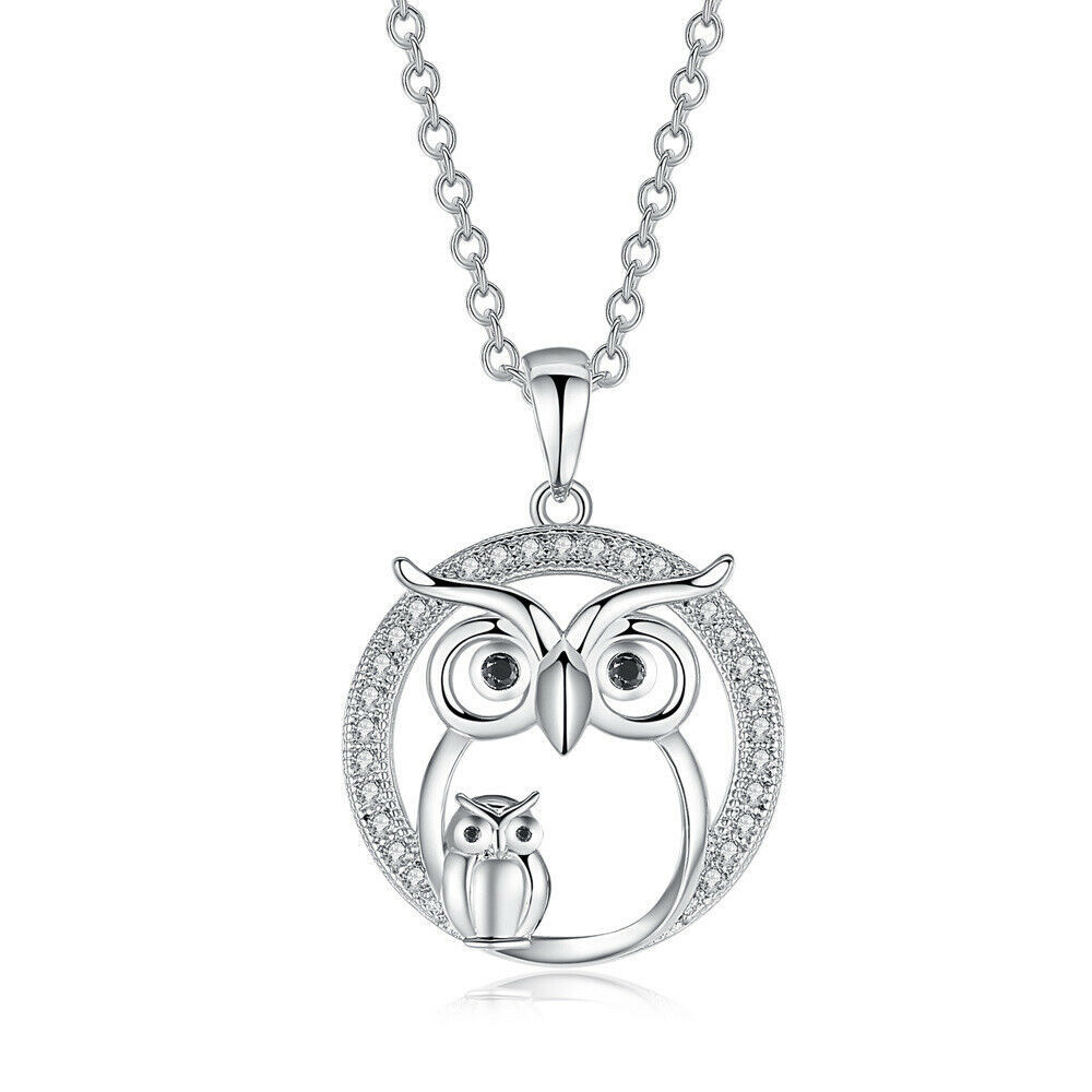 Silber Kreis Mit Momma Und Baby Eule Hänger Innen, Viele Edelsteine Kette - $20.63