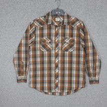 Old Navy Men&#39;s Pearl Snap Shirt Long Sleeve Plaid Orange Brown Size Large - £12.71 GBP