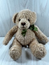 Princess Soft Toys beige tan plush teddy bear olive green bow ribbon hea... - $15.58
