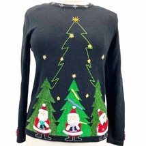 Vintage Womens Christmas Sweater Bobbie Bell Santa Trees Chenille Cotton Black L - £23.19 GBP