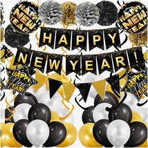 Golden Swirls &amp; Poms New Year Party Kit - Black &amp; Gold Paper Flag Bunting, Strea - £27.56 GBP