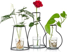 Set Of 3 Creative Desktop Planters With Glass Cup Vases, Iron Metal Stand For - £26.33 GBP