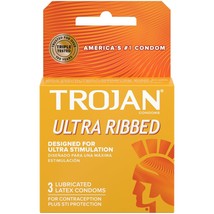 TROJAN Stimulations Ultra Ribbed Lubricated Latex Condom - 3 Count Pack - £4.63 GBP