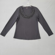 Coldwater Creek Shirt Women Size M Black Preppy Beaded Scoop Classic Long Sleeve - £8.55 GBP