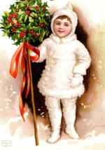 1909 Embossed Christmas Postcard Cute Victorian Girl Holding Mistletoe - £17.03 GBP