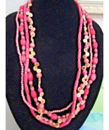Long Summer Faux Wood Bead Necklace Pink Lightweight Or for Jewelry Making - £5.05 GBP