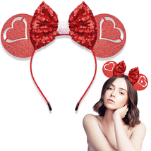 Valentine&#39;S Day Headband for Women Red Love Heart Bow Headband Sequin Mouse Ears - £8.43 GBP