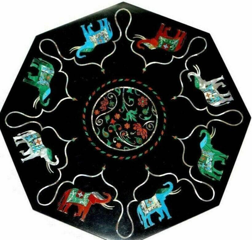 Black Marble Coffee Table Tops Elephant Design Inlay Mosaic Art Garden Decor Item image 5