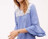 Ann Taylor Loft Blue chambray White embroidery Blouse Flutter Sleeves Sm... - $29.03