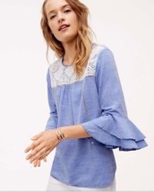 Ann Taylor Loft Blue chambray White embroidery Blouse Flutter Sleeves Small Pet. - £23.17 GBP