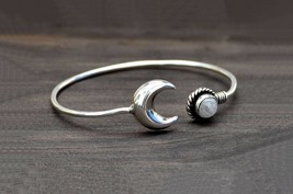 Boho Moon Bracelet, Silver Bohemian Bangle, Crescent Moon &amp; Stone, Moon Jewelry - £17.86 GBP