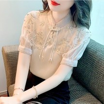 O short sleeved satin chiffon shirt for women 2022 new beading embroidery lace chic top thumb200