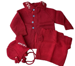 VTG 50s Hand Knit Child’s Red Wool Sweater Set w/ Blouse &amp; Hat Sz 3–4 - $123.70