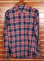 NEW Men&#39;s AEO Classic Fit Stretch Button Front Shirt Long Sleeve  Red Navy Plaid - £19.71 GBP