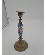 Brass And Ceramic Candlestick Holder Blue W Pink Flowers 8&quot; - $12.59