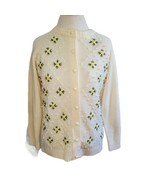 Vintage 60s Ivory Floral Embroidered Popcorn Cardigan Sweater Sz Medium - $57.95