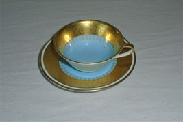 Weimar Germany Espresso Cup &amp; Saucer Gold Robin Egg Blue Vintage Gold Lace - $54.45