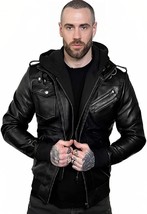 Men Genuine Black Hooded Bomber Leather Jacket Real Lambskin with Removable Hood - £59.20 GBP+