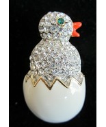 BABY CHICK Pin Brooch HATCHING FROM EASTER EGG WHITE ENAMEL CLEAR RHINES... - $27.41 CAD