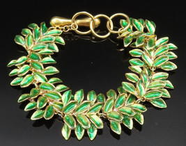 925 Silver - Vintage Gold Plated Green Enamel Leaf Chain Bracelet - BT9481 - $186.90