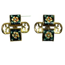 Vintage Gold Tone Floral Enamel Screw back Dangle Earrings - $29.00
