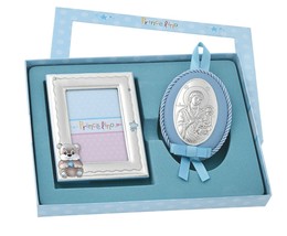 Welcome New Baby Boy Silver Gift Set with Virgin Mary Icon &amp; Picture Frame 6x9cm - £54.34 GBP