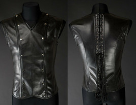 Black Fetish Vest Corset Lace Up Vegan Leather V Shape Goth Male Corset - $105.41
