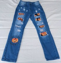 Evaless Halloween Jeans Jack O Lantern Distressed Jeans Small Pumpkins 28x29 - £23.67 GBP