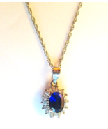 NEW Silver Chain Necklace w Oval Synthetic Blue Sapphire &amp; Rhinestone Pe... - £10.12 GBP