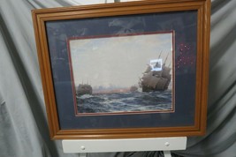 Vintage 1995 18&quot;x 22&quot; Wood Framed Print Of Tall Sailing Ships - £19.84 GBP