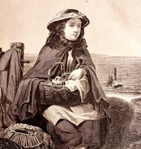 Girl At Docks Waits For Father Steel Engraving 1859 Victorian Nautical Art DWY5D - £55.19 GBP