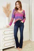 Double Take Purple Pink Multicolored Rib-Knit V-Neck Knit Pullover Top S... - $35.00